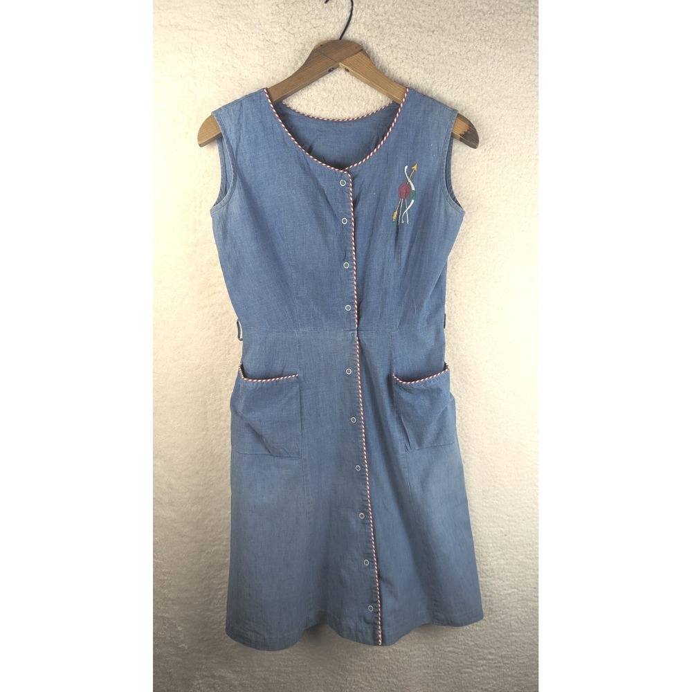 Vtg Pat Perkins Romper Dress Archery Embroidered Denim Chambray‎ Look Pockets